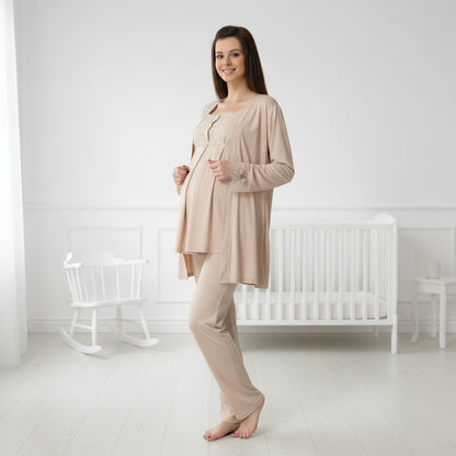 Beige maternity pyjamas by Mini Plum – nursing maternity nightwear, breastfeeding button-down, hospital bag & baby shower gift