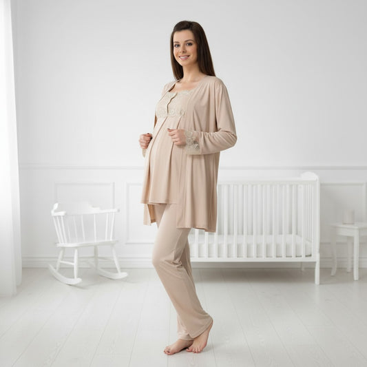 Beige maternity pyjamas by Mini Plum, long sleeve button lace – nursing & breastfeeding nightwear, postpartum, hospital bag ready