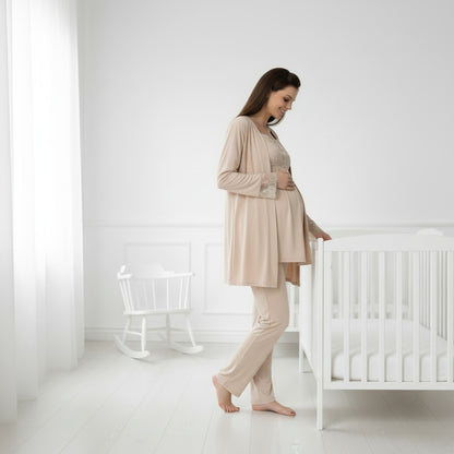 Beige maternity pyjamas by Mini Plum – nursing maternity nightwear, breastfeeding button-down, hospital bag & baby shower gift