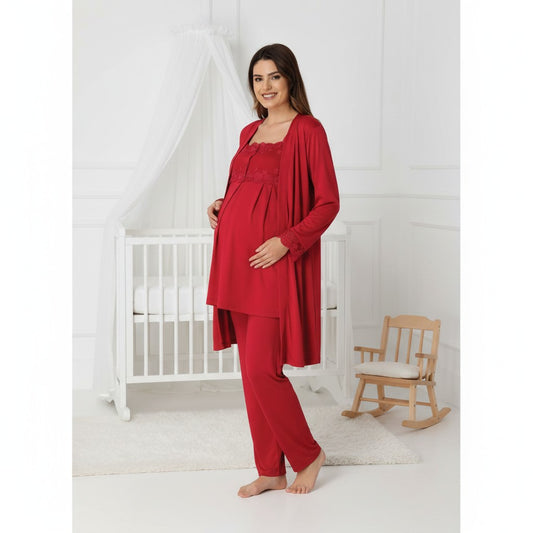 Cherry Red maternity pyjamas by Mini Plum, long sleeve button lace – nursing & breastfeeding nightwear, postpartum, hospital bag ready