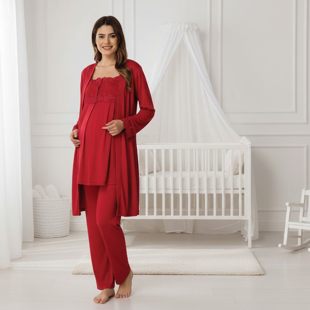 Cherry Red maternity pyjamas by Mini Plum – nursing maternity nightwear, breastfeeding button-down, hospital bag & baby shower gift
