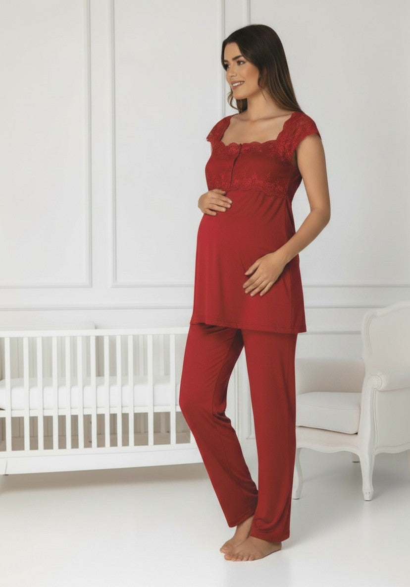 Cherry Red maternity pyjamas by Mini Plum – nursing maternity nightwear, breastfeeding button-down, hospital bag & baby shower gift