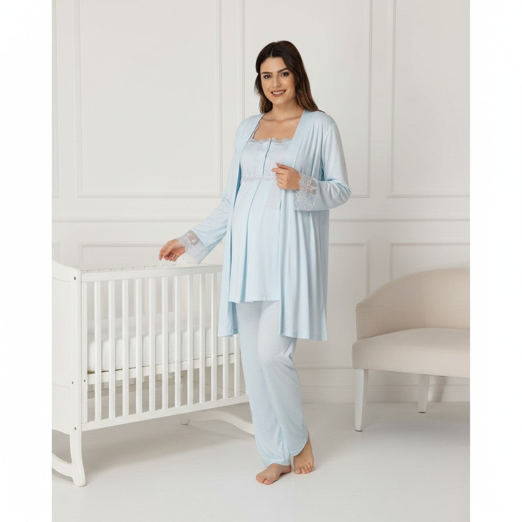Gray maternity pyjamas by Mini Plum – nursing maternity nightwear, breastfeeding button-down, hospital bag & baby shower gift