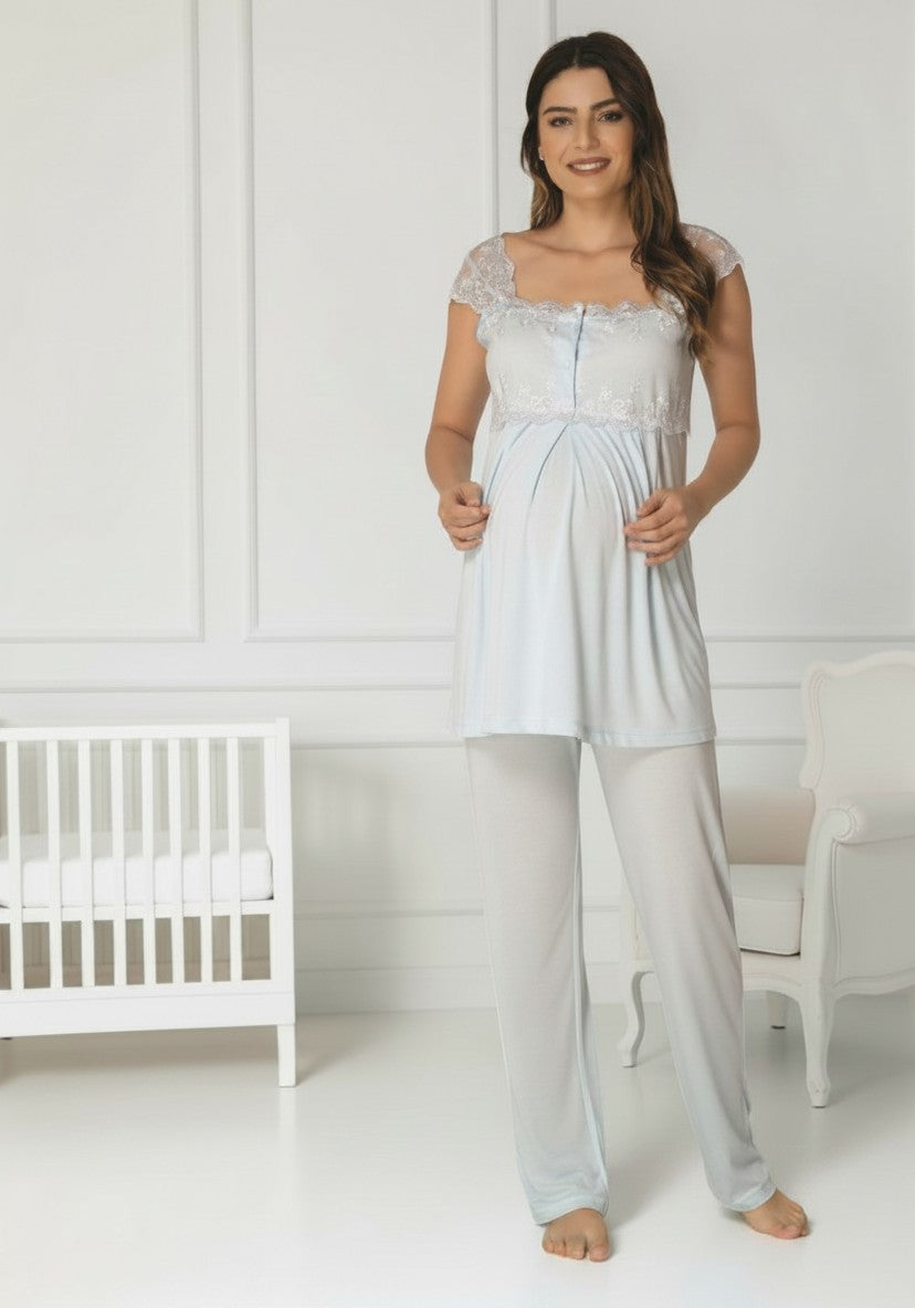 Gray maternity pyjamas by Mini Plum – nursing maternity nightwear, breastfeeding button-down, hospital bag & baby shower gift