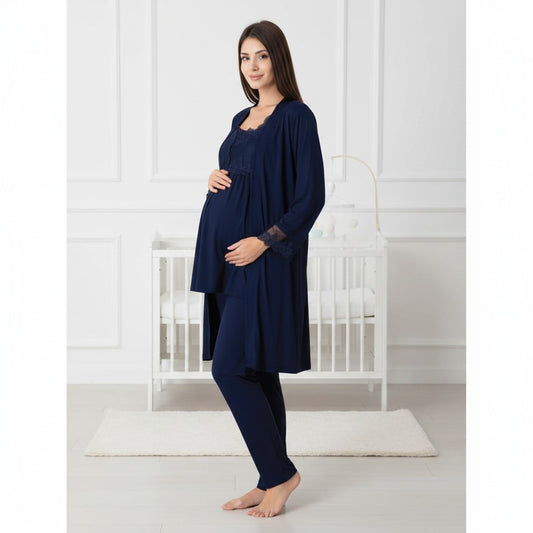 Navy maternity pyjamas by Mini Plum, long sleeve button lace – nursing & breastfeeding nightwear, postpartum, hospital bag ready