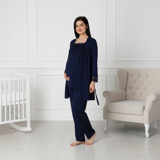 Navy maternity pyjamas by Mini Plum, long sleeve button lace – nursing & breastfeeding nightwear, postpartum, hospital bag ready