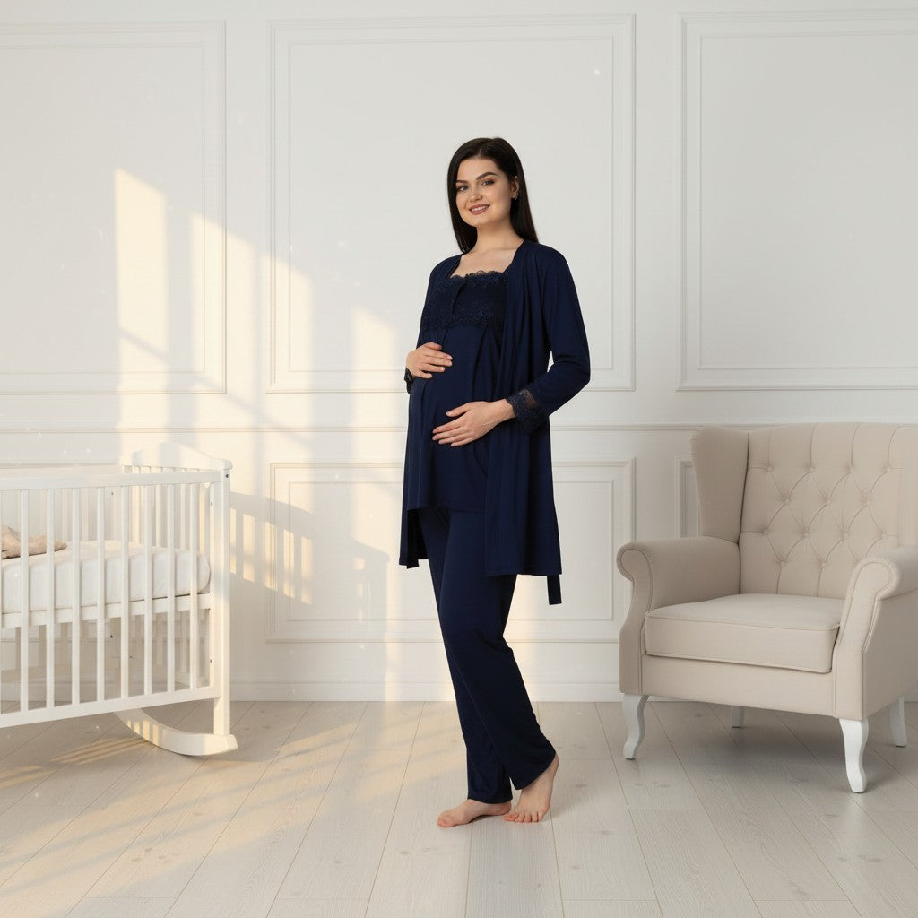 Navy maternity pyjamas by Mini Plum – nursing maternity nightwear, breastfeeding button-down, hospital bag & baby shower gift