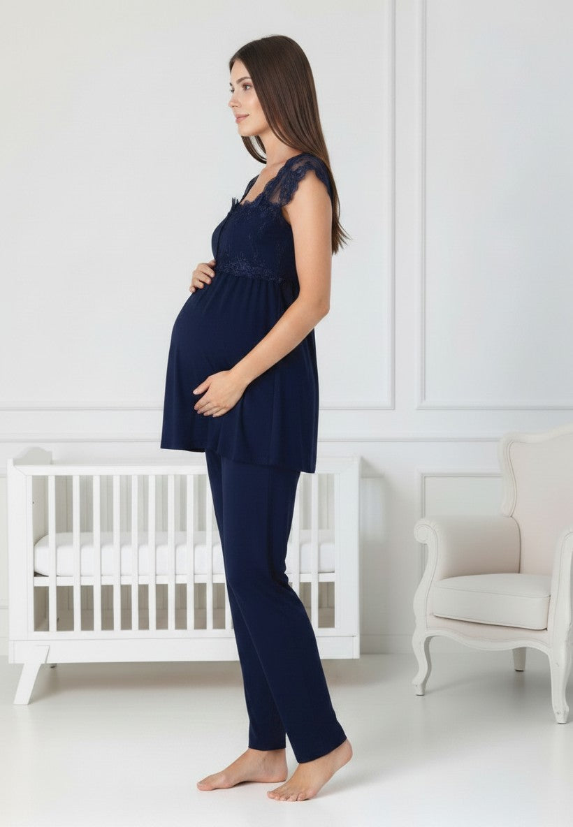 Navy maternity pyjamas by Mini Plum – nursing maternity nightwear, breastfeeding button-down, hospital bag & baby shower gift