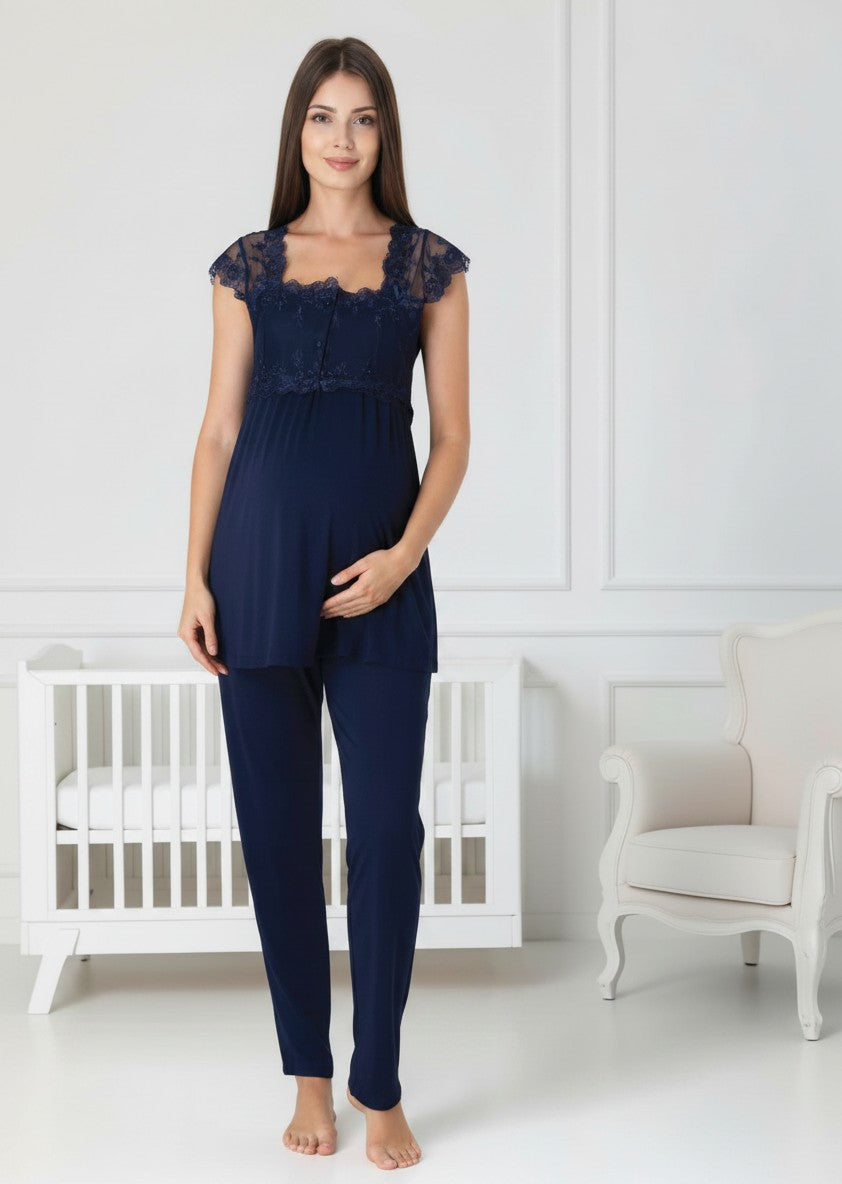 Navy maternity pyjamas by Mini Plum, long sleeve button lace – nursing & breastfeeding nightwear, postpartum, hospital bag ready