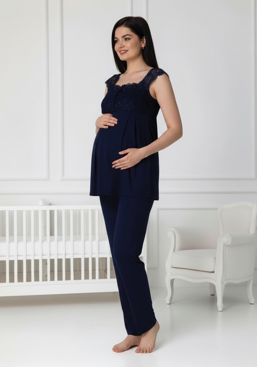 Navy maternity pyjamas by Mini Plum, long sleeve button lace – nursing & breastfeeding nightwear, postpartum, hospital bag ready