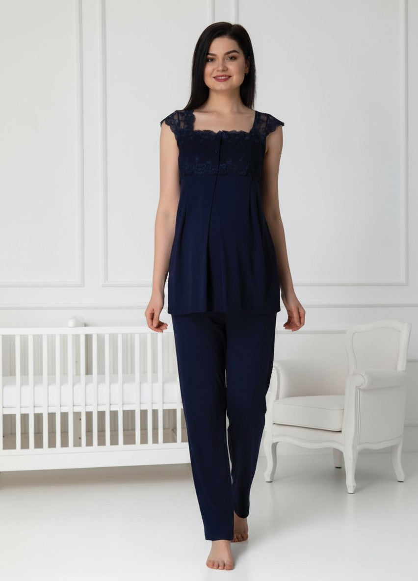 Navy maternity pyjamas by Mini Plum, long sleeve button lace – nursing & breastfeeding nightwear, postpartum, hospital bag ready