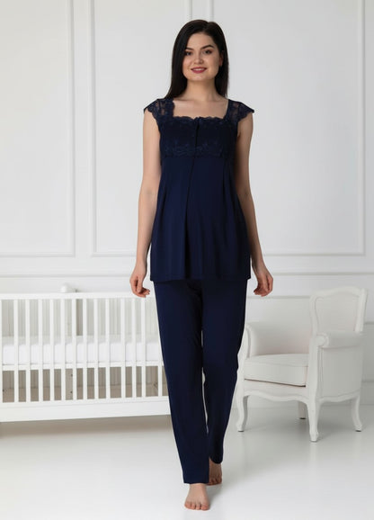 Navy maternity pyjamas by Mini Plum, long sleeve button lace – nursing & breastfeeding nightwear, postpartum, hospital bag ready