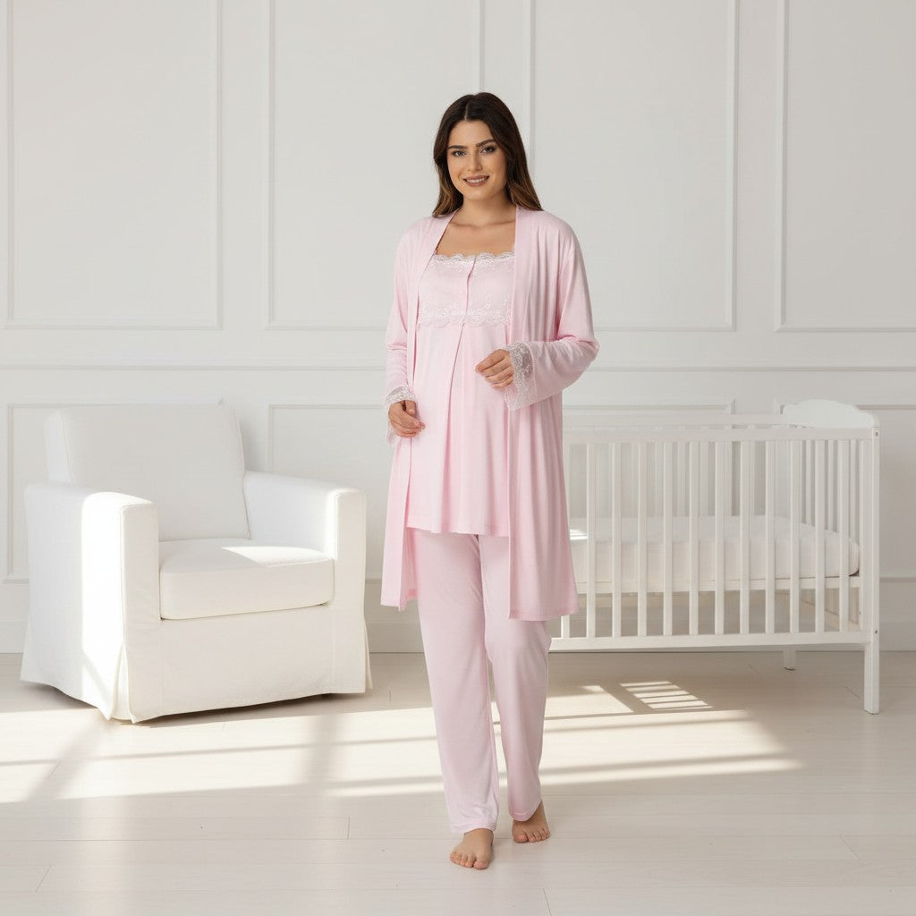 Pink maternity pyjamas by Mini Plum – nursing maternity nightwear, breastfeeding button-down, hospital bag & baby shower gift