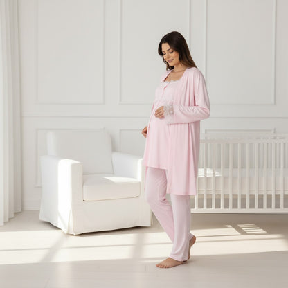 Pink maternity pyjamas by Mini Plum – nursing maternity nightwear, breastfeeding button-down, hospital bag & baby shower gift