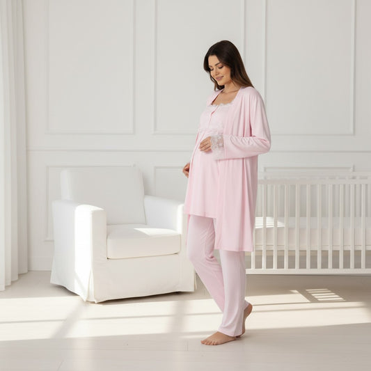 Pink maternity pyjamas by Mini Plum, long sleeve button lace – nursing & breastfeeding nightwear, postpartum, hospital bag ready