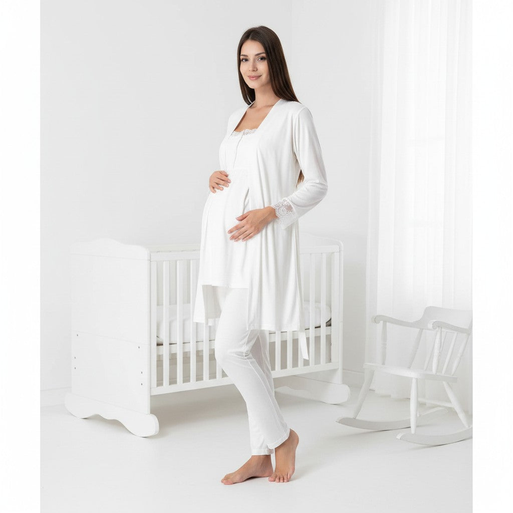 White maternity pyjamas by Mini Plum – nursing maternity nightwear, breastfeeding button-down, hospital bag & baby shower gift
