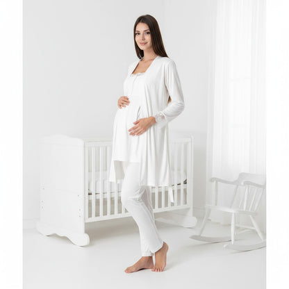 White maternity pyjamas by Mini Plum – nursing maternity nightwear, breastfeeding button-down, hospital bag & baby shower gift
