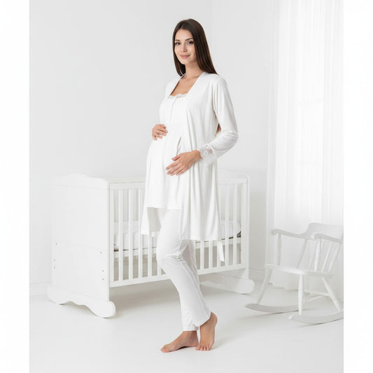 White maternity pyjamas by Mini Plum, long sleeve button lace – nursing & breastfeeding nightwear, postpartum, hospital bag ready
