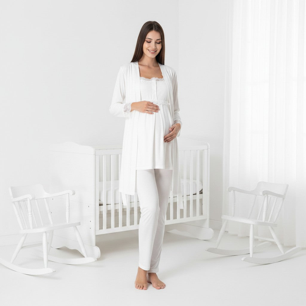 White maternity pyjamas by Mini Plum – nursing maternity nightwear, breastfeeding button-down, hospital bag & baby shower gift