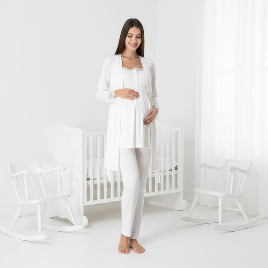 White maternity pyjamas by Mini Plum, long sleeve button lace – nursing & breastfeeding nightwear, postpartum, hospital bag ready