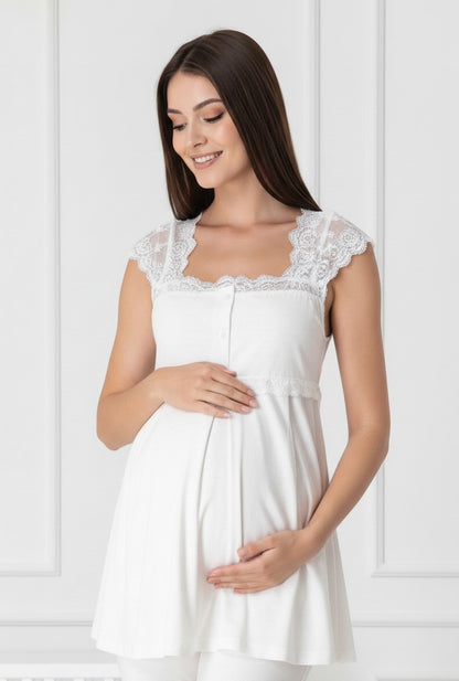 White maternity pyjamas by Mini Plum – nursing maternity nightwear, breastfeeding button-down, hospital bag & baby shower gift