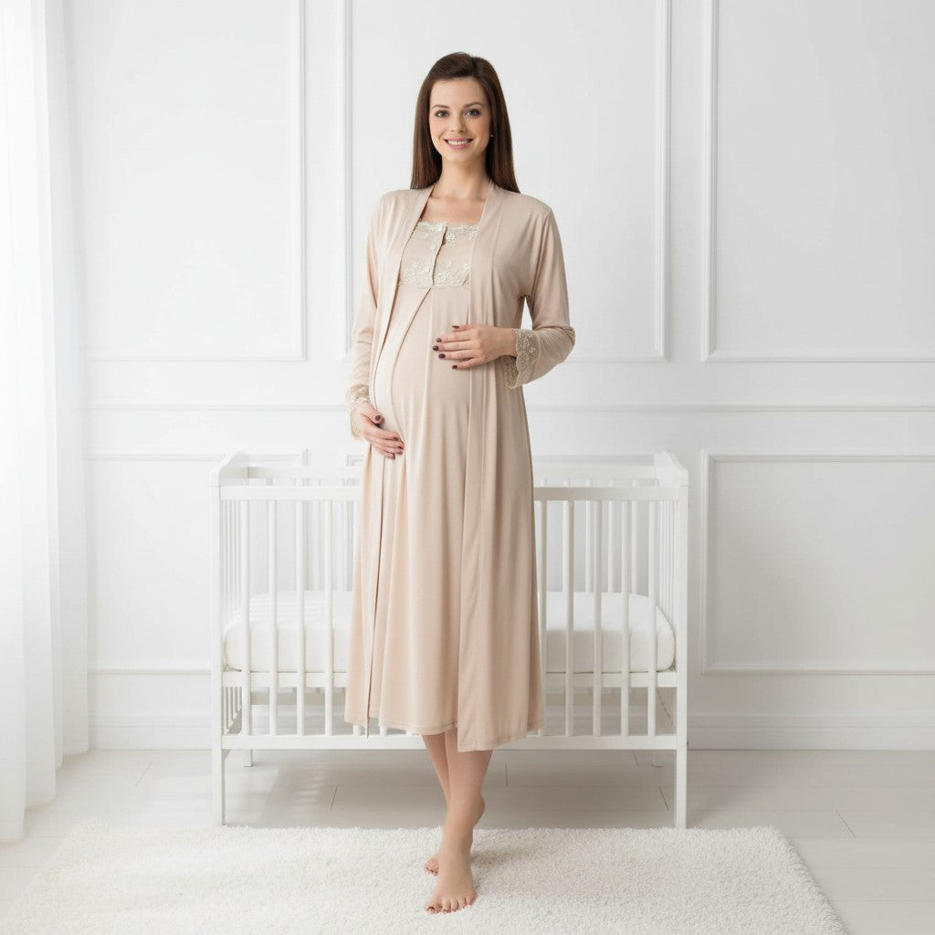 Beige maternity nightie and robe set by Mini Plum – nursing maternity nightwear, breastfeeding button-down, hospital bag & baby shower gift