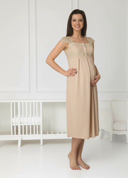 Beige maternity nightie and robe set by Mini Plum, long sleeve button maxi – nursing & breastfeeding nightwear, postpartum, hospital bag ready