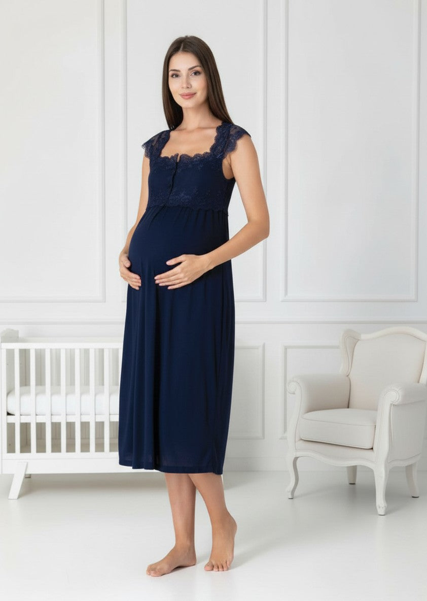 Beige maternity nightie and robe set by Mini Plum – nursing maternity nightwear, breastfeeding button-down, hospital bag & baby shower gift