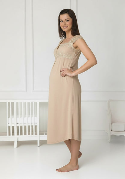 Beige maternity nightie and robe set by Mini Plum – nursing maternity nightwear, breastfeeding button-down, hospital bag & baby shower gift