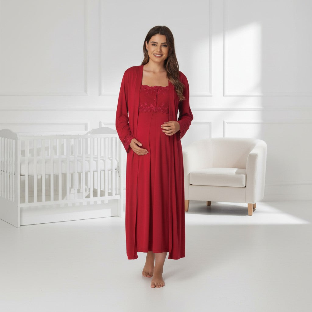 Cherry Red maternity nightie and robe set by Mini Plum – nursing maternity nightwear, breastfeeding button-down, hospital bag & baby shower gift