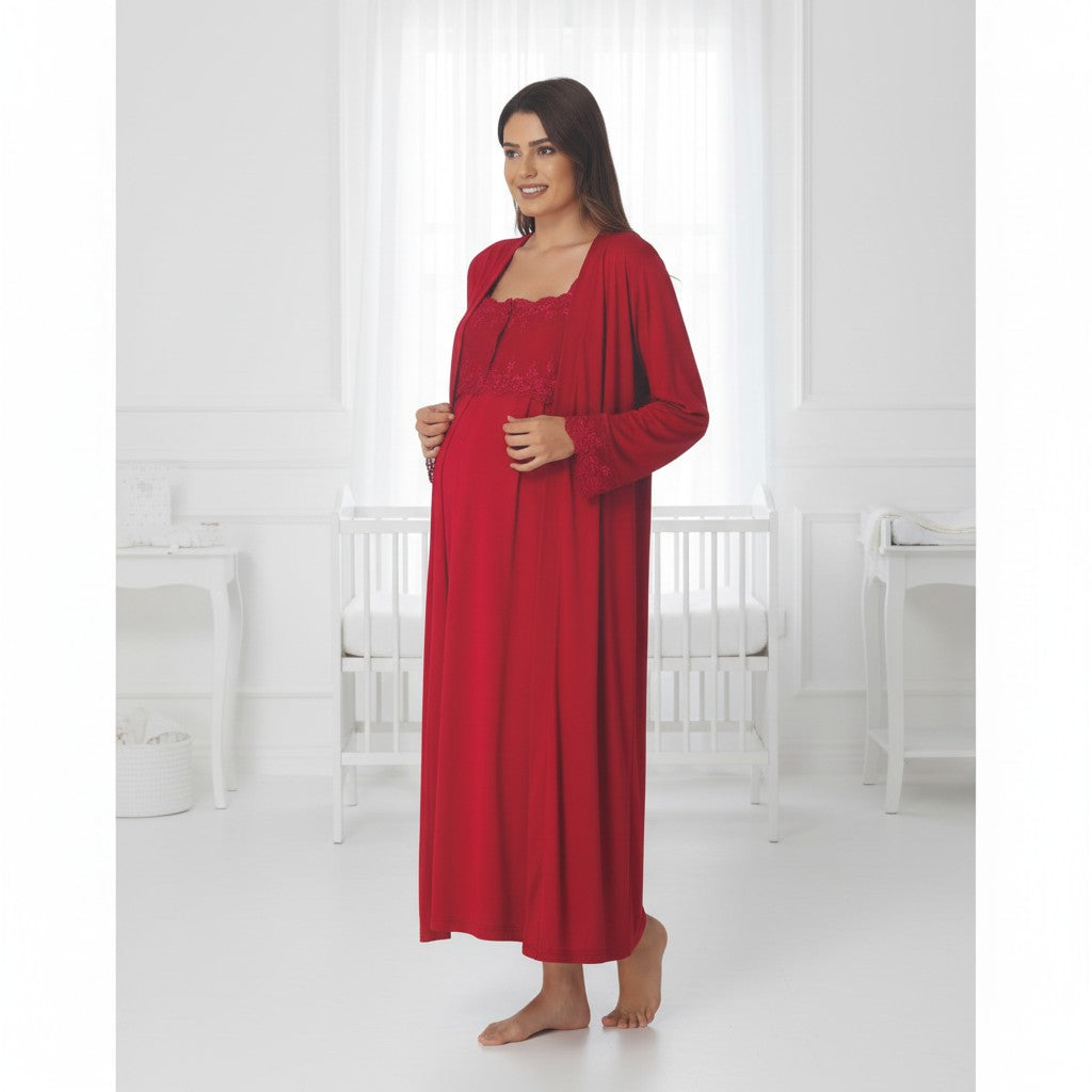 Cherry Red maternity nightie and robe set by Mini Plum – nursing maternity nightwear, breastfeeding button-down, hospital bag & baby shower gift