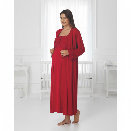 Cherry Red maternity nightie and robe set by Mini Plum, long sleeve button maxi – nursing & breastfeeding nightwear, postpartum, hospital bag ready