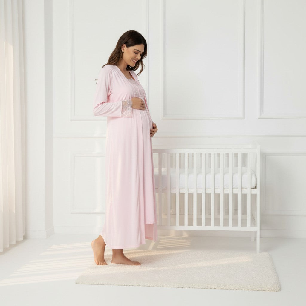 Cherry Red maternity nightie and robe set by Mini Plum – nursing maternity nightwear, breastfeeding button-down, hospital bag & baby shower gift