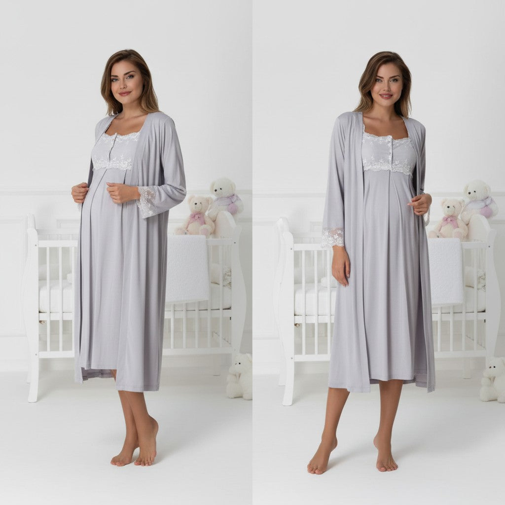Gray maternity nightie and robe set by Mini Plum – nursing maternity nightwear, breastfeeding button-down, hospital bag & baby shower gift