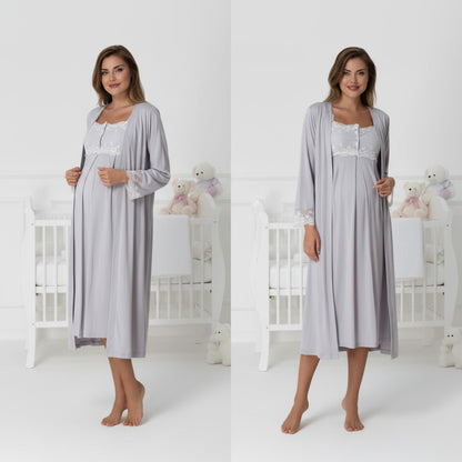 Gray maternity nightie and robe set by Mini Plum – nursing maternity nightwear, breastfeeding button-down, hospital bag & baby shower gift
