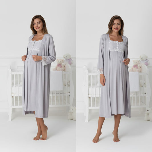 Gray maternity nightie and robe set by Mini Plum, long sleeve button maxi – nursing & breastfeeding nightwear, postpartum, hospital bag ready