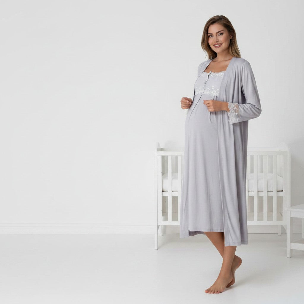 Gray maternity nightie and robe set by Mini Plum – nursing maternity nightwear, breastfeeding button-down, hospital bag & baby shower gift