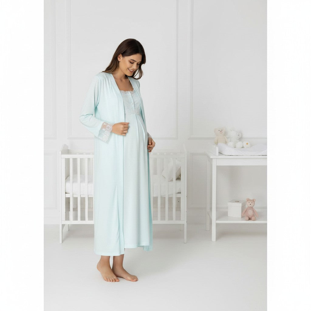 Mint maternity nightie and robe set by Mini Plum – nursing maternity nightwear, breastfeeding button-down, hospital bag & baby shower gift
