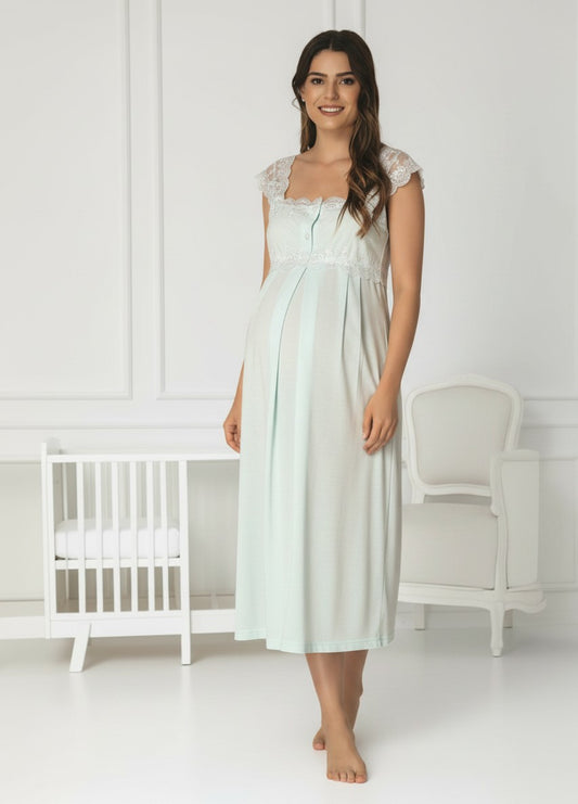 Mint maternity nightie and robe set by Mini Plum, long sleeve button maxi – nursing & breastfeeding nightwear, postpartum, hospital bag ready