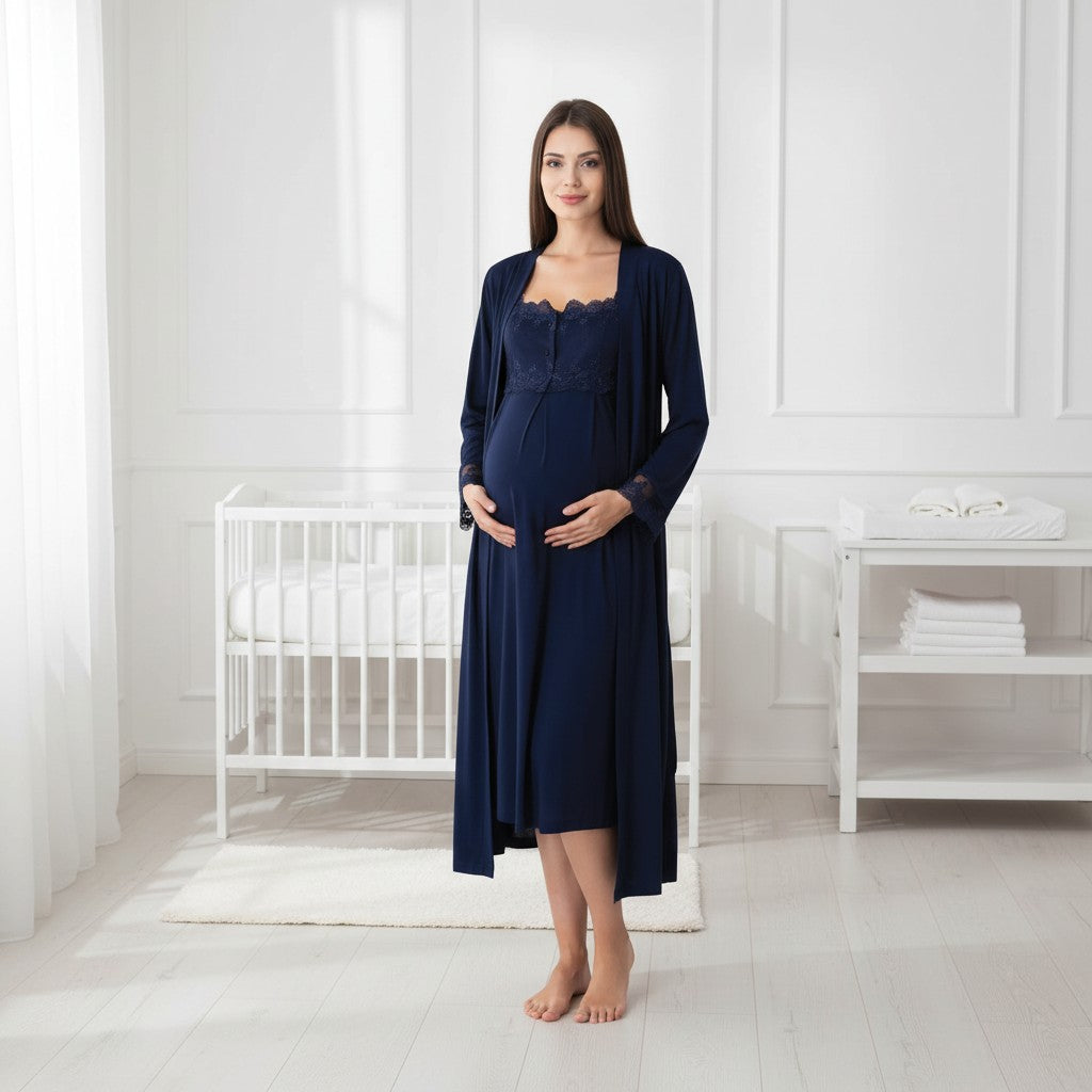 Navy maternity nightie and robe set by Mini Plum – nursing maternity nightwear, breastfeeding button-down, hospital bag & baby shower gift