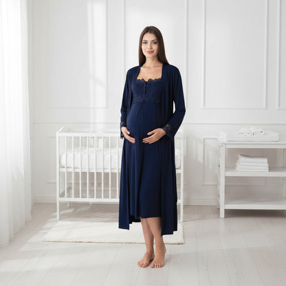 Navy maternity nightie and robe set by Mini Plum – nursing maternity nightwear, breastfeeding button-down, hospital bag & baby shower gift