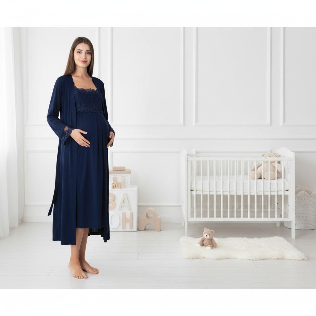 Navy maternity nightie and robe set by Mini Plum – nursing maternity nightwear, breastfeeding button-down, hospital bag & baby shower gift