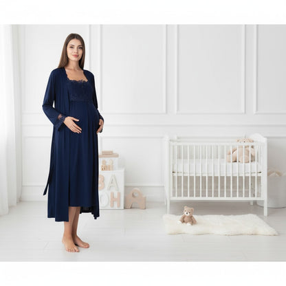 Navy maternity nightie and robe set by Mini Plum – nursing maternity nightwear, breastfeeding button-down, hospital bag & baby shower gift
