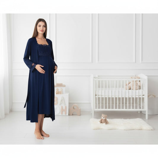 Navy maternity nightie and robe set by Mini Plum, long sleeve button maxi – nursing & breastfeeding nightwear, postpartum, hospital bag ready