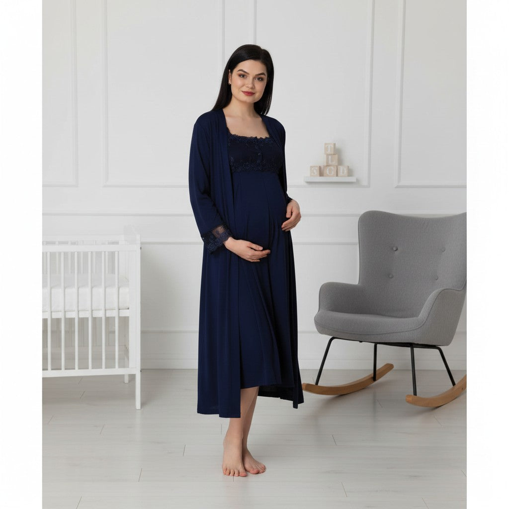 Navy maternity nightie and robe set by Mini Plum – nursing maternity nightwear, breastfeeding button-down, hospital bag & baby shower gift