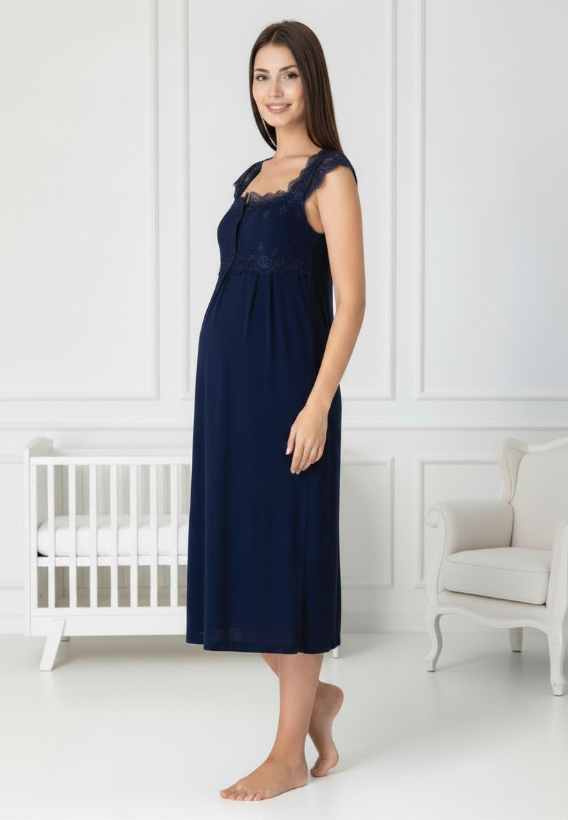 Navy maternity nightie and robe set by Mini Plum – nursing maternity nightwear, breastfeeding button-down, hospital bag & baby shower gift