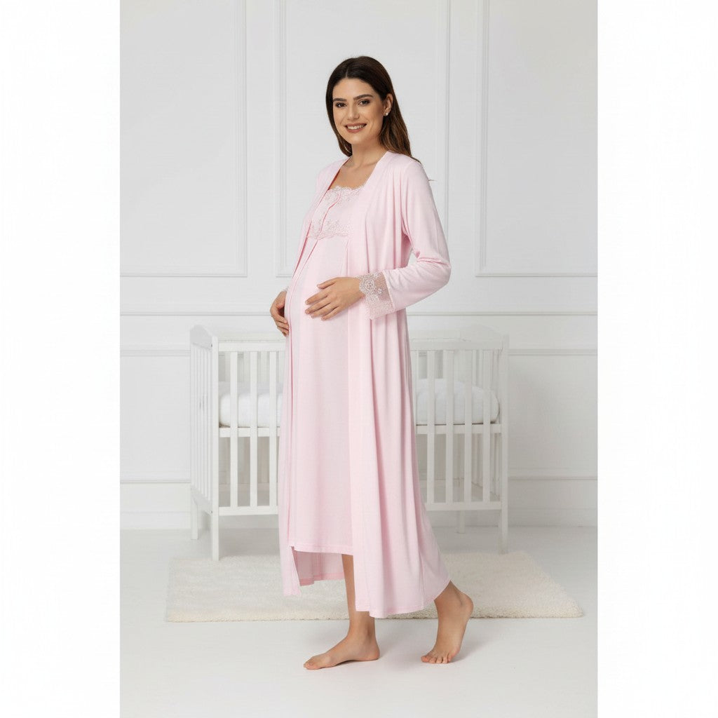 Pink maternity nightie and robe set by Mini Plum – nursing maternity nightwear, breastfeeding button-down, hospital bag & baby shower gift