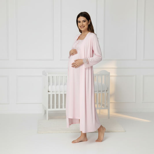 Pink maternity nightie and robe set by Mini Plum, long sleeve button maxi – nursing & breastfeeding nightwear, postpartum, hospital bag ready