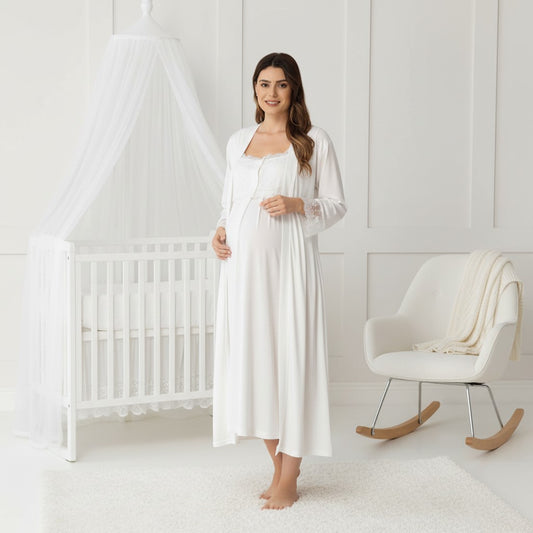 White maternity nightie and robe set by Mini Plum, long sleeve button maxi – nursing & breastfeeding nightwear, postpartum, hospital bag ready