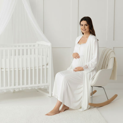 White maternity nightie and robe set by Mini Plum – nursing maternity nightwear, breastfeeding button-down, hospital bag & baby shower gift